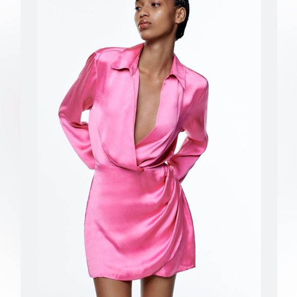 Hot Pink One Shoulder Satin Wrap Mini Dress